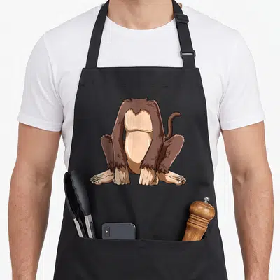 Easy body apron - Cartoon brown and tan headless monkey sitting with legs splayed and hands on ground — shown on a black cotton canvas apron against a white background
