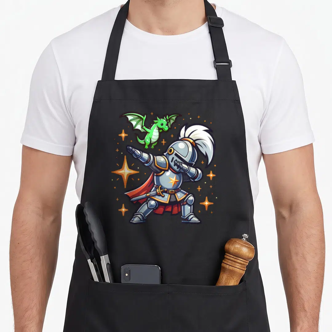 Dabbing renaissance apron - Cartoon knight in silver armor dabbing with green dragon and orange stars — shown on a black cotton canvas apron against a white background