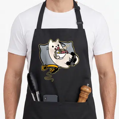 Nerdy cat apron - Cartoon white cat on grey pillow holding noodle bowl and black game controller with yellow headphones — shown on a black cotton canvas apron against a white background