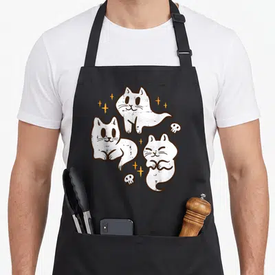 Spooky ghost cat apron - Three white ghost cats with brown outlines and two skulls surrounded by yellow sparkles — shown on a black cotton canvas apron against a white background