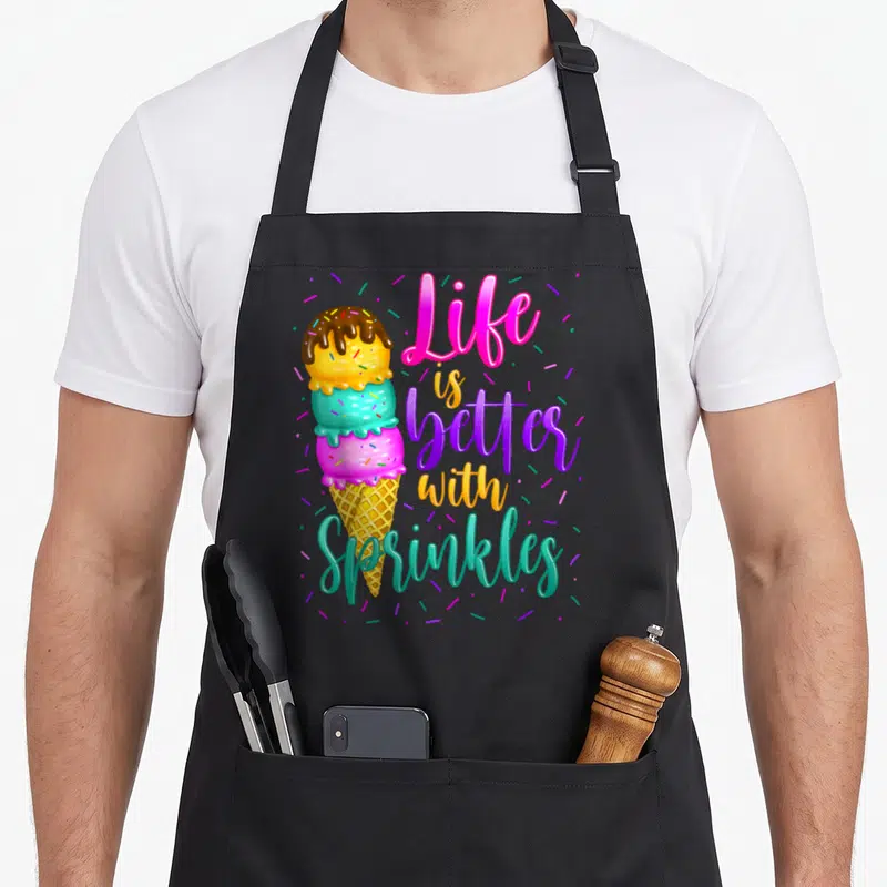 Sweet sprinkle apron - Three scoop ice cream cone with chocolate drizzle and scattered sprinkles beside stacked text — shown on a black cotton canvas apron against a white background