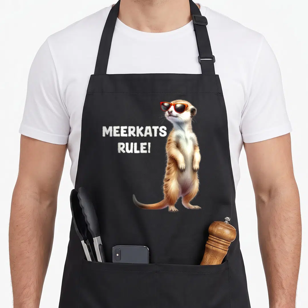 Rule meerkat apron - Realistic meerkat in red sunglasses beside white stacked text MEERKATS RULE! — shown on a black cotton canvas apron against a white background