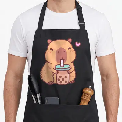 Capybara anime apron - Tan cartoon capybara holding bubble tea cup with pink heart floating nearby — shown on a black cotton canvas apron against a white background