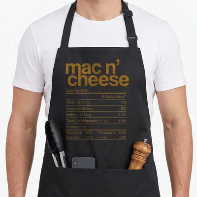 Cheese mac apron - Gold typography mimicking a nutrition label listing calories and vitamins on a dark background — shown on a black cotton canvas apron against a white background