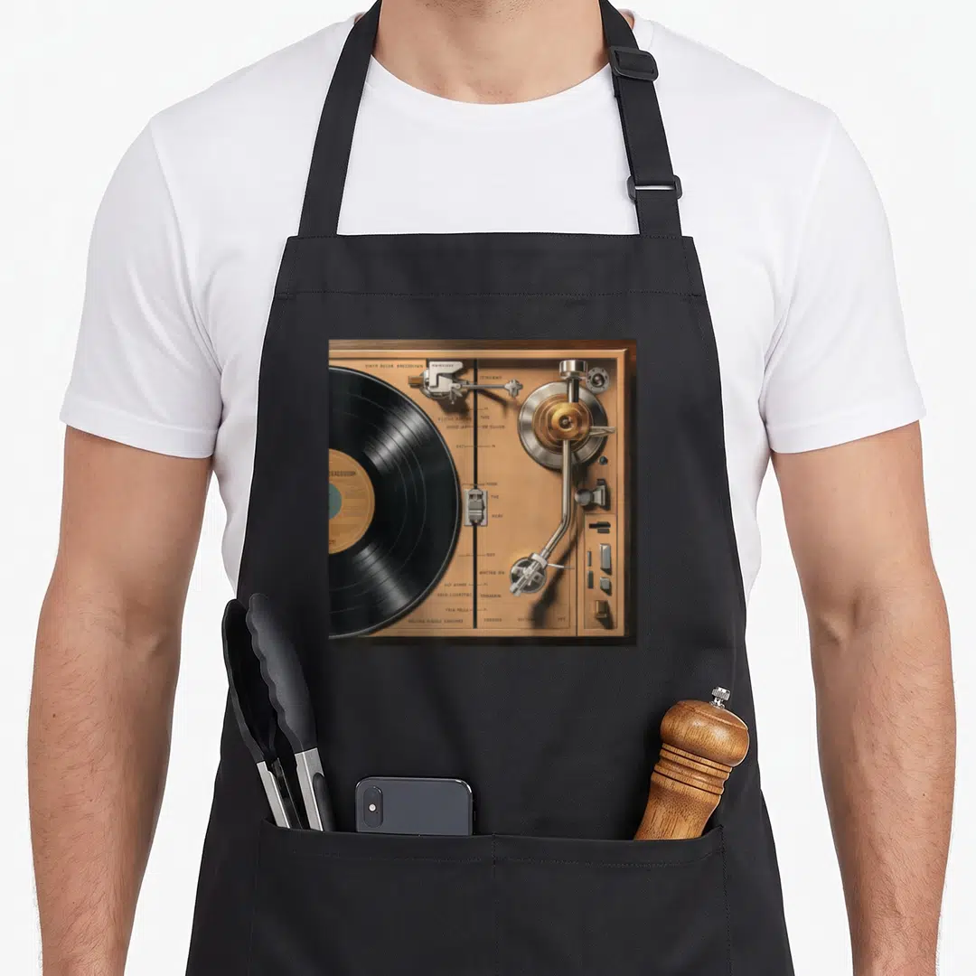 Hop vinyl apron - Top-down turntable illustration with gold platter, black vinyl, and white technical labels on brown — shown on a black cotton canvas apron against a white background