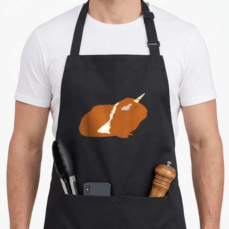 Guinicorn apron or apron - Cartoon guinea pig with rainbow striped horn resting on black fabric — shown on a black cotton canvas apron against a white background