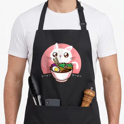 Noodle cat apron - White cat behind ramen bowl in pink circle with Japanese text — shown on a black cotton canvas apron against a white background