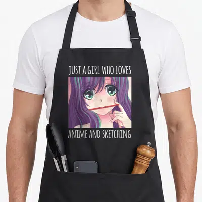 Vintage sketching anime apron - Anime girl portrait with purple hair holding red pencil and white text — shown on a black cotton canvas apron against a white background
