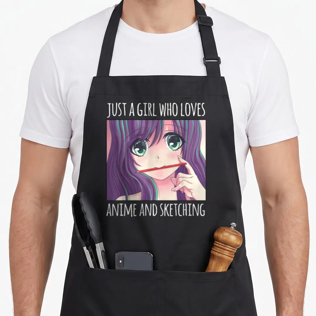 Vintage sketching anime apron - Anime girl portrait with purple hair holding red pencil and white text — shown on a black cotton canvas apron against a white background