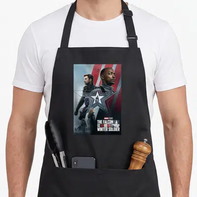 Winter soldier falcon apron - Sam Wilson Bucky Barnes star outline poster text US flag graphic — shown on a black cotton canvas apron against a white background