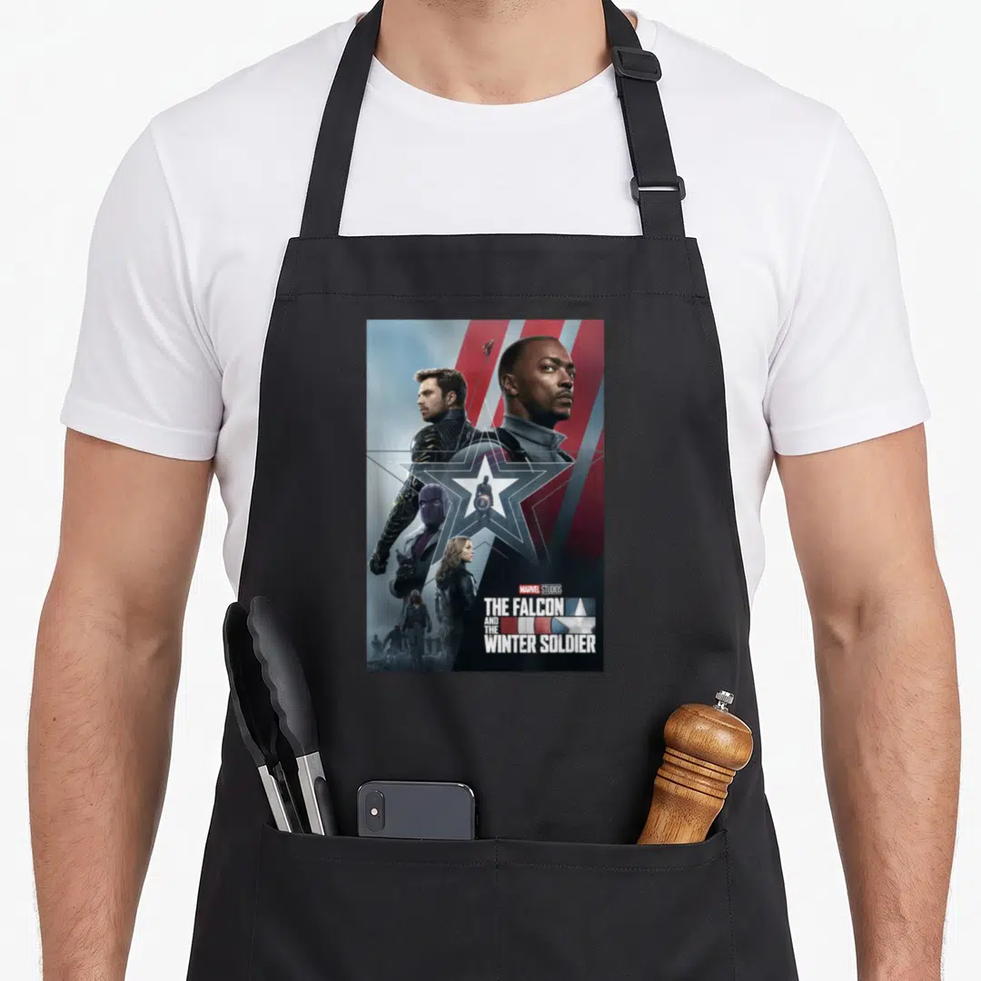 Winter soldier falcon apron - Sam Wilson Bucky Barnes star outline poster text US flag graphic — shown on a black cotton canvas apron against a white background