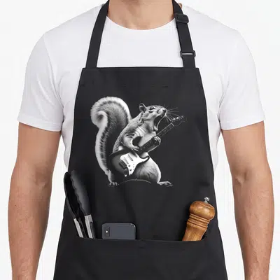 Guitar squirrel aprons - Realistic squirrel standing on hind legs playing electric guitar in grey and black — shown on a black cotton canvas apron against a white background