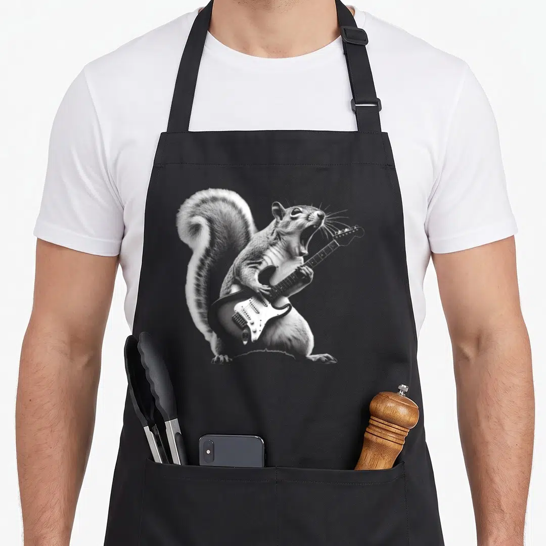 Guitar squirrel aprons - Realistic squirrel standing on hind legs playing electric guitar in grey and black — shown on a black cotton canvas apron against a white background