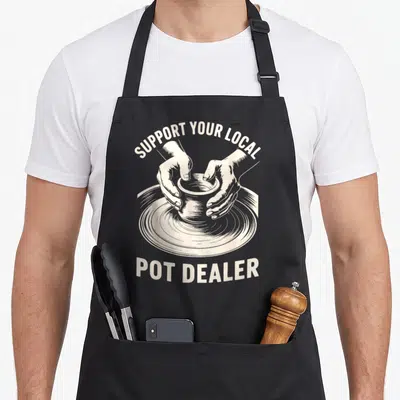 Support dealer apron - Beige line art of hands shaping clay on a wheel with arched text above and straight text below — shown on a black cotton canvas apron against a white background