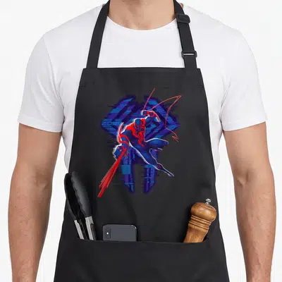 Glitch animal apron - Spider-Man 2099 cartoon figure in blue and red with glitch background and 2099 text — shown on a black cotton canvas apron against a white background
