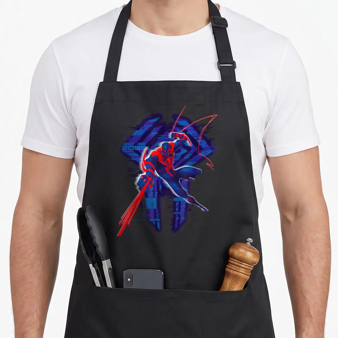 Glitch animal apron - Spider-Man 2099 cartoon figure in blue and red with glitch background and 2099 text — shown on a black cotton canvas apron against a white background