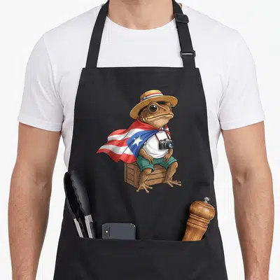 Flag frog aprons - Cartoon brown toad in flag cape holding camera sitting on crate — shown on a black cotton canvas apron against a white background