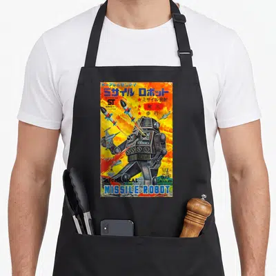Missile anime apron - Retro robot illustration with flying missiles, Japanese text, and yellow orange background — shown on a black cotton canvas apron against a white background