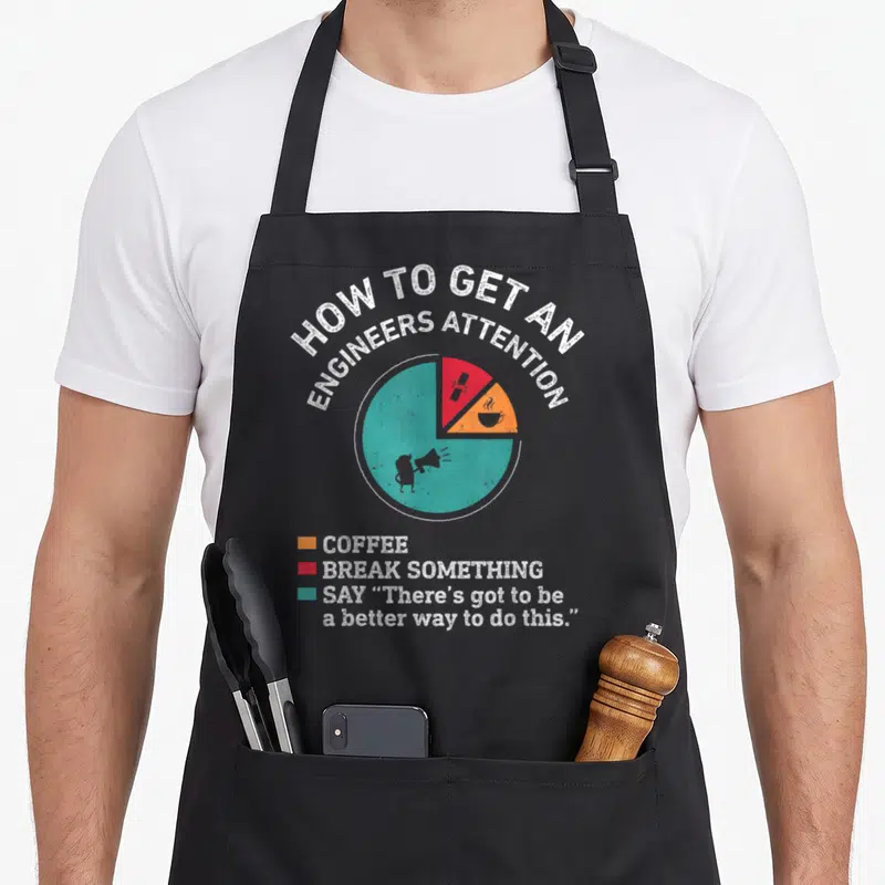Attention engineering engineer apron - Distressed pie chart with teal red orange sections and text about coffee — shown on a black cotton canvas apron against a white background
