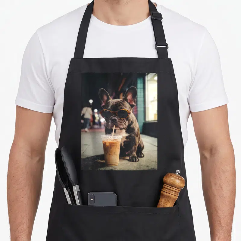 Drinking french bulldog apron - French Bulldog with sunglasses drinking iced coffee from plastic cup photo print — shown on a black cotton canvas apron against a white background