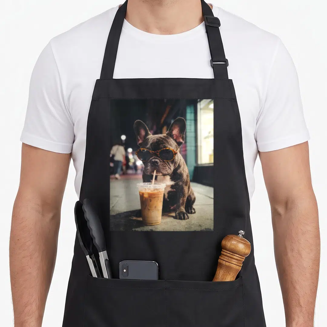 Drinking french bulldog apron - French Bulldog with sunglasses drinking iced coffee from plastic cup photo print — shown on a black cotton canvas apron against a white background