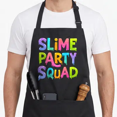 Slime birthday apron - Dripping multicolor typography reading SLIME PARTY SQUAD stacked vertically — shown on a black cotton canvas apron against a white background