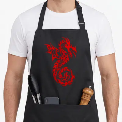 Tribal dragon apron - Red stylized tribal dragon line art centered on grey background — shown on a black cotton canvas apron against a white background