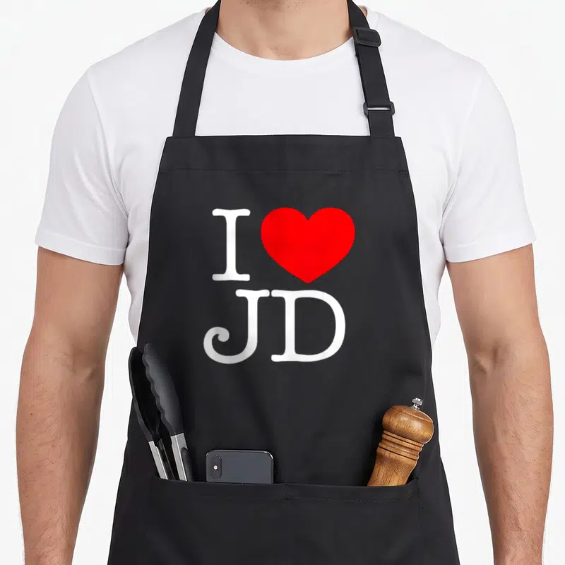 Funny jd apron - White I and red heart above JD letters — shown on a black cotton canvas apron against a white background