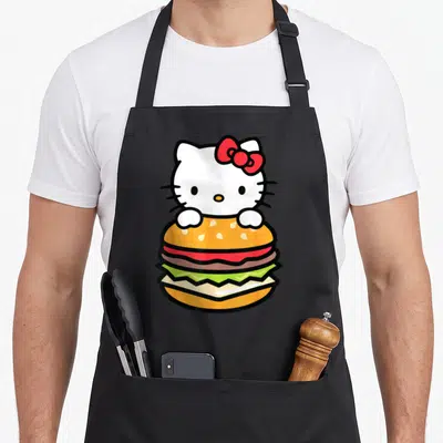 Funny burger apron - Hello Kitty peeking from behind orange and red hamburger with green lettuce — shown on a black cotton canvas apron against a white background