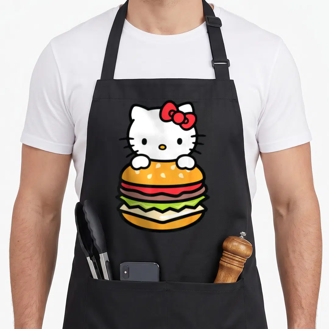 Funny burger apron - Hello Kitty peeking from behind orange and red hamburger with green lettuce — shown on a black cotton canvas apron against a white background