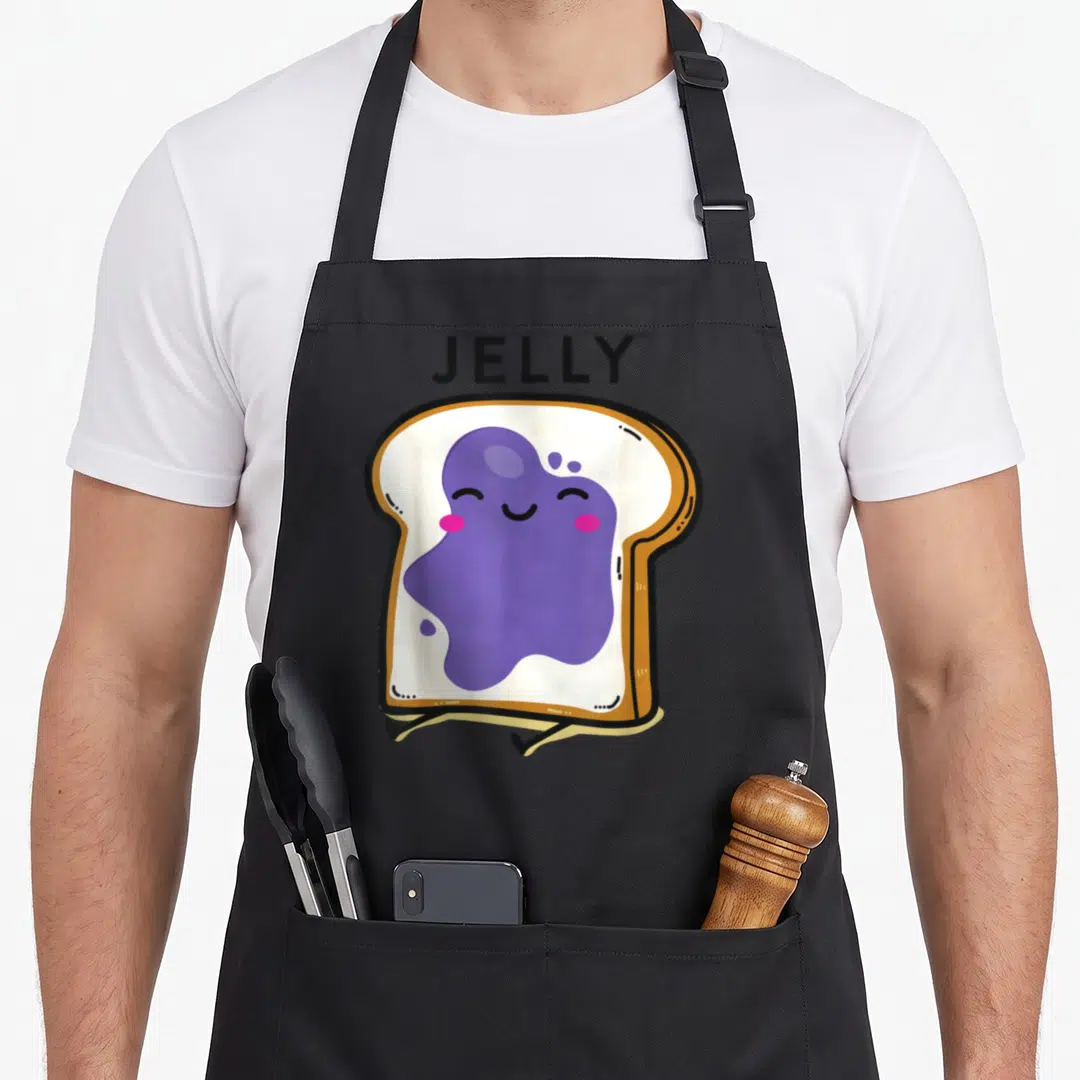 Couple butter apron - Cartoon toast with purple jelly blob and JELLY text in black lettering — shown on a black cotton canvas apron against a white background