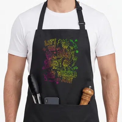 Riggity general apron - Neon Rick Sanchez sketches with scattered LET'S GET RIGGITY RIGGITY WRECKED SON! text — shown on a black cotton canvas apron against a white background