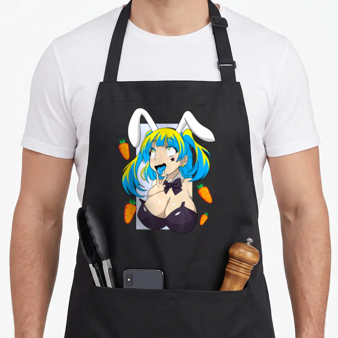 Ahegao anime apron - Cartoon girl with blue hair white bunny ears four orange carrots light blue rectangle — shown on a black cotton canvas apron against a white background