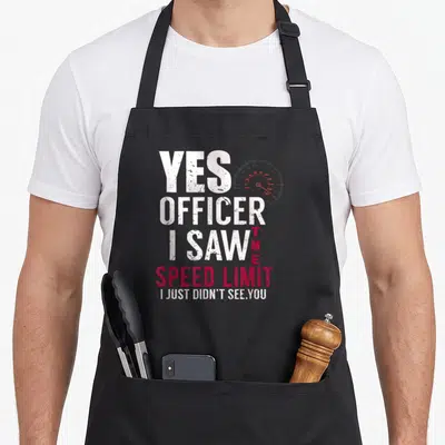 Officer speed apron - Distressed white and red text reading YES OFFICER I SAW THE SPEED LIMIT next to a speedometer — shown on a black cotton canvas apron against a white background