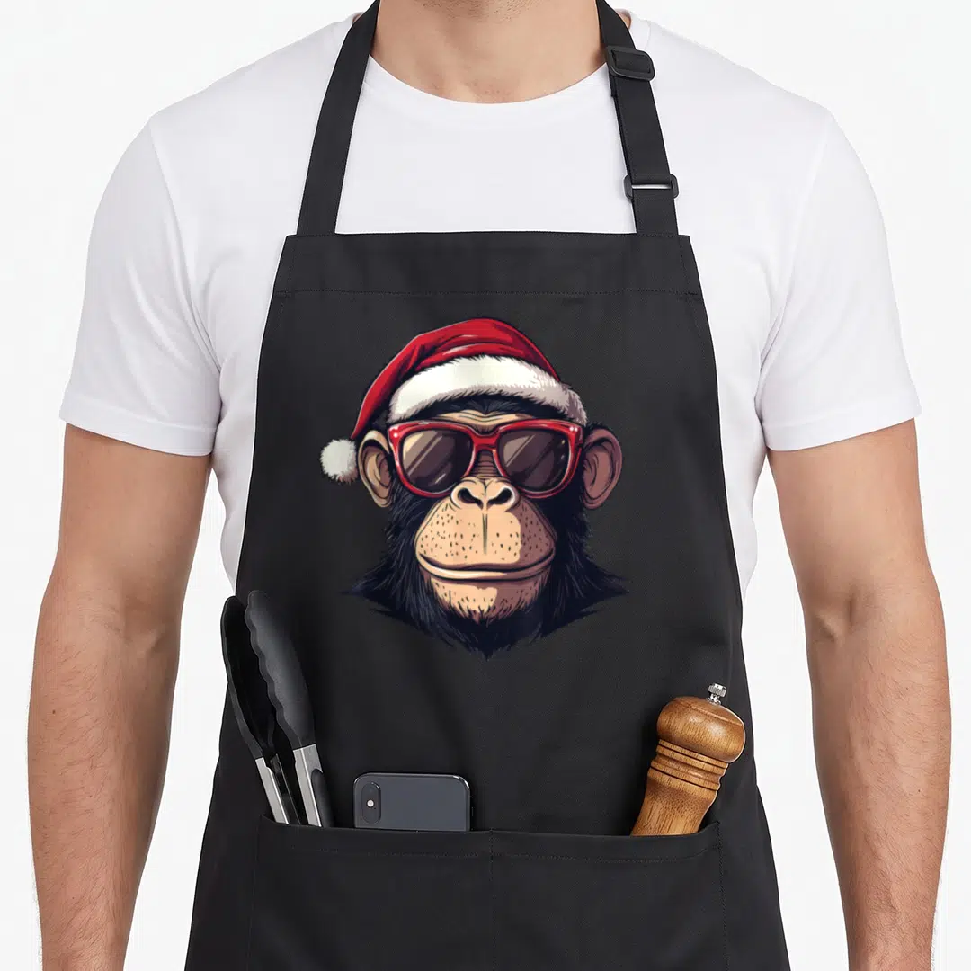 Monkey christmas santa apron - Cartoon chimpanzee head in red santa hat and red sunglasses on black background — shown on a black cotton canvas apron against a white background
