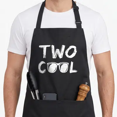 Second 2nd apron - White distressed text reading TWO COOL with sunglasses shaped letters — shown on a black cotton canvas apron against a white background
