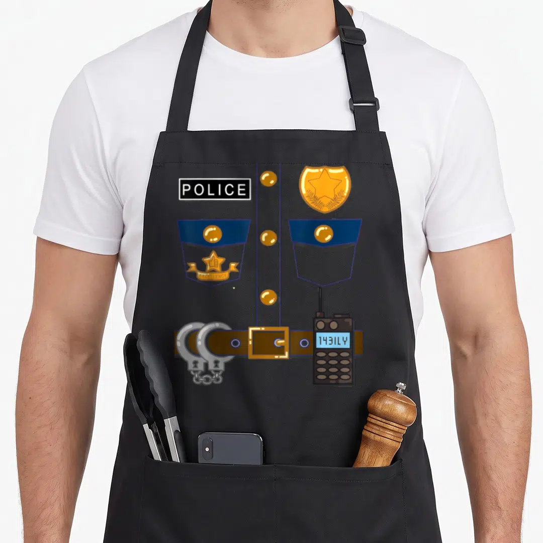Policeman police apron - Cartoon police uniform torso with POLICE nameplate, EXCELLENCE badge, handcuffs, and radio — shown on a black cotton canvas apron against a white background