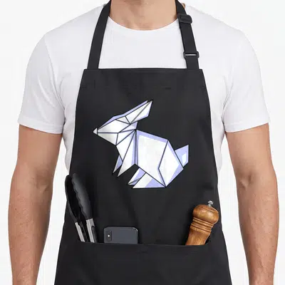 Origami bunny rabbit apron - Geometric white and light blue origami rabbit with black outlines centered on grey — shown on a black cotton canvas apron against a white background