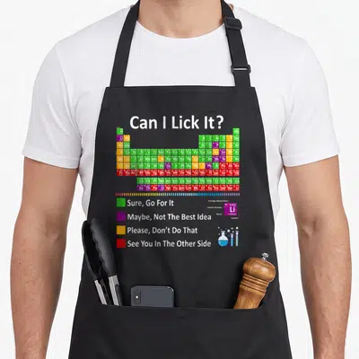 Lick chemistry apron - Periodic table with Can I Lick It text and colored safety squares next to glassware — shown on a black cotton canvas apron against a white background