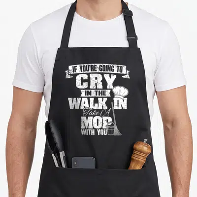 Mop culinary aprons - Stacked white distressed text reading If You're Going To Cry In The Walk In Take A Mop With You — shown on a black cotton canvas apron against a white background