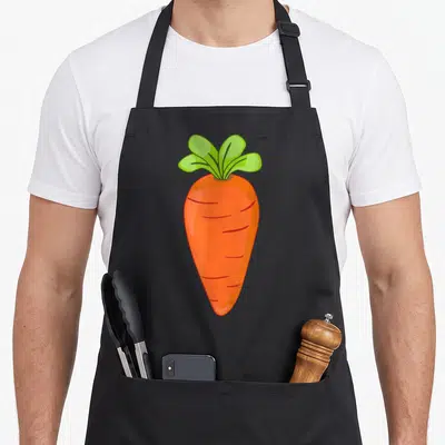 Costume carrots apron - Cartoon orange carrot with green leaves centered on grey background — shown on a black cotton canvas apron against a white background