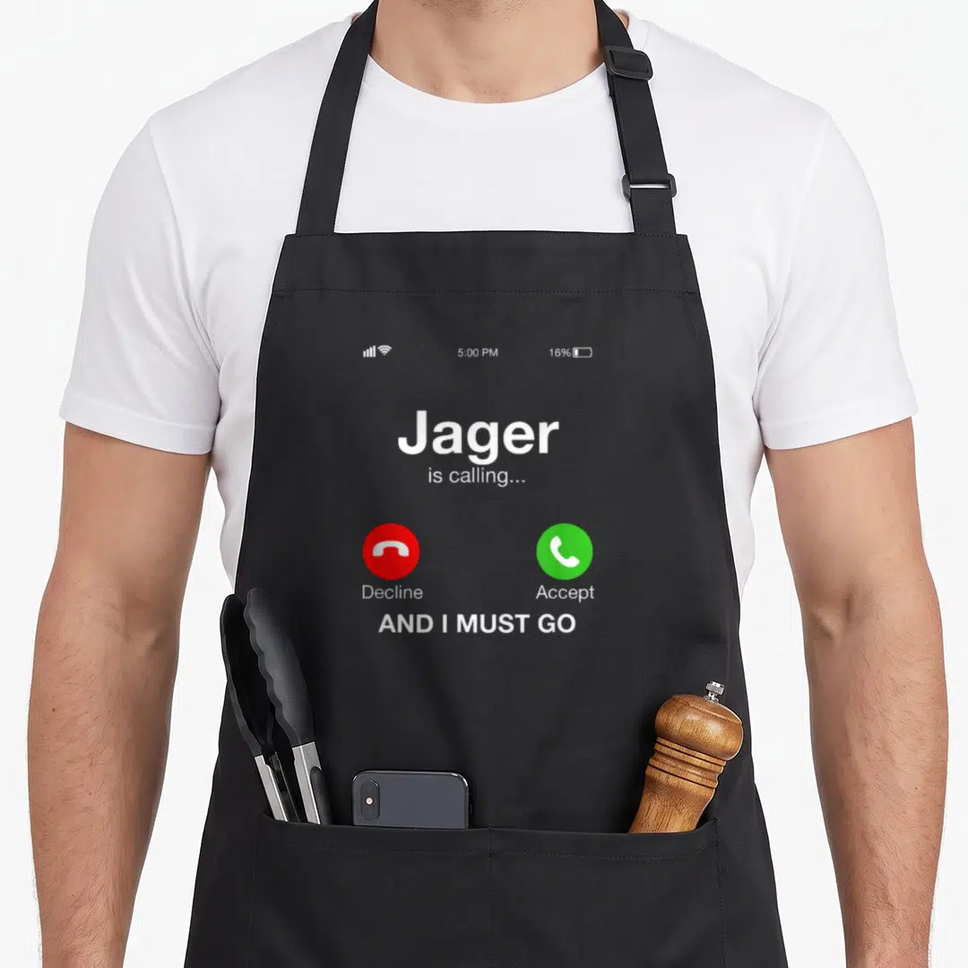 Alcohol you must apron - Smartphone screen print Jager is calling decline accept buttons grey background — shown on a black cotton canvas apron against a white background