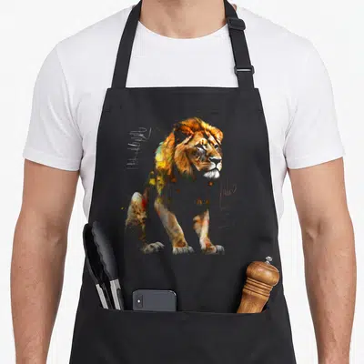 Animal motif lion apron - Watercolor lion in orange brown yellow with paint splatters and scribbles — shown on a black cotton canvas apron against a white background