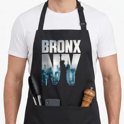 Illustration new york apron - BRONX NY text filled with NYC skyline photo and Statue of Liberty silhouette in blue — shown on a black cotton canvas apron against a white background