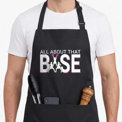 Base best friend matching cheerleader apron - All About That Base text with three cheerleader silhouettes forming — shown on a black cotton canvas apron against a white background