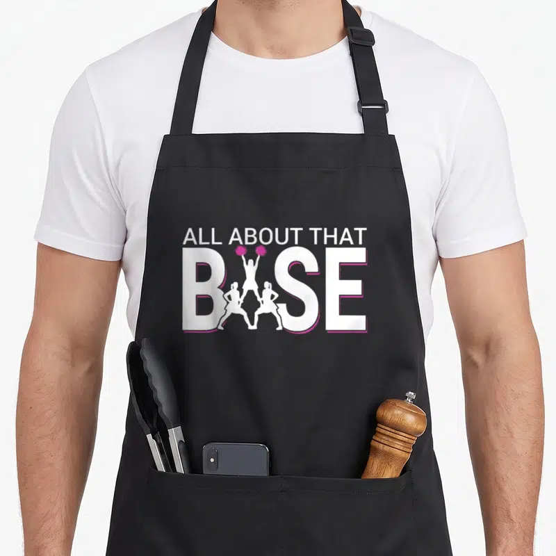 Base best friend matching cheerleader apron - All About That Base text with three cheerleader silhouettes forming — shown on a black cotton canvas apron against a white background