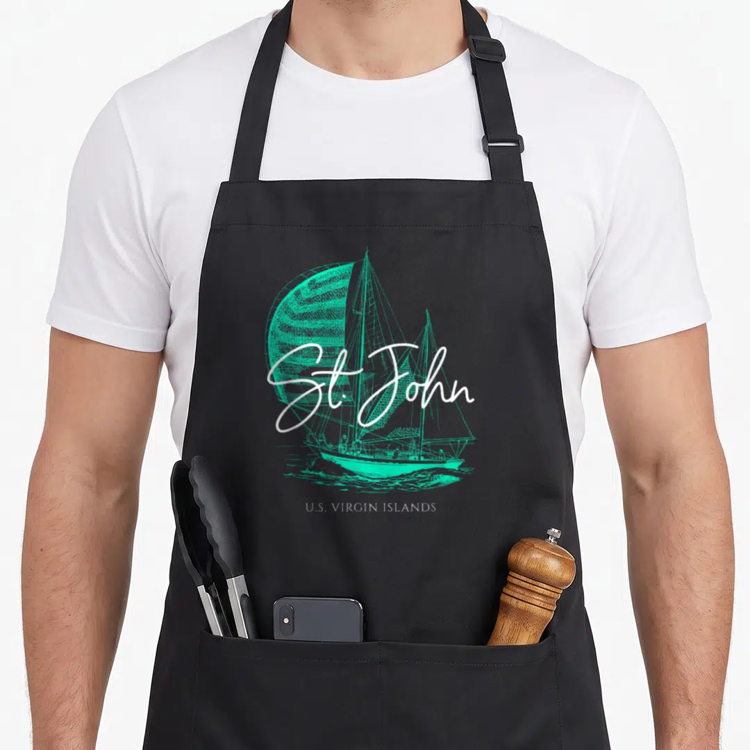 Island sailboat lover apron - Turquoise line-art sailboat with white St. John script and U.S. Virgin Islands text below — shown on a black cotton canvas apron against a white background