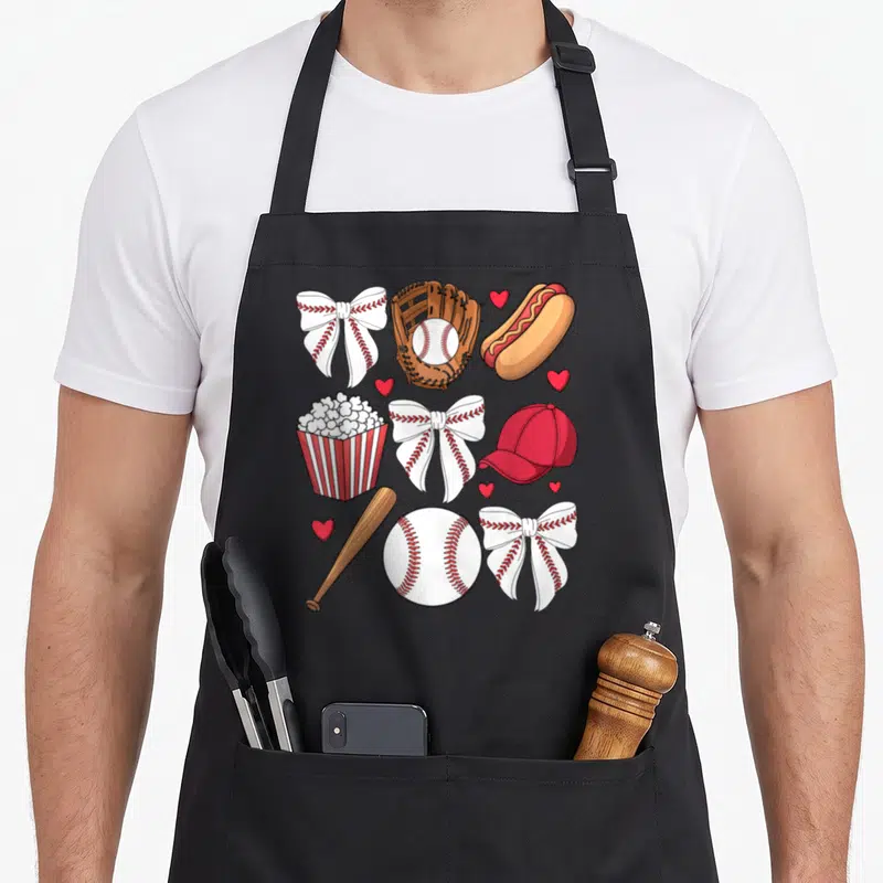 Mama bow apron - Baseball gloves bats bows and hotdogs with red hearts — shown on a black cotton canvas apron against a white background