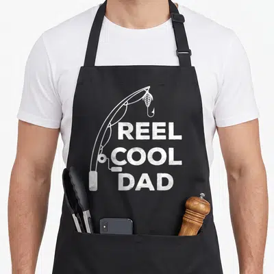 Father fisherman apron - White distressed fishing rod curving over stacked Reel Cool Dad text — shown on a black cotton canvas apron against a white background