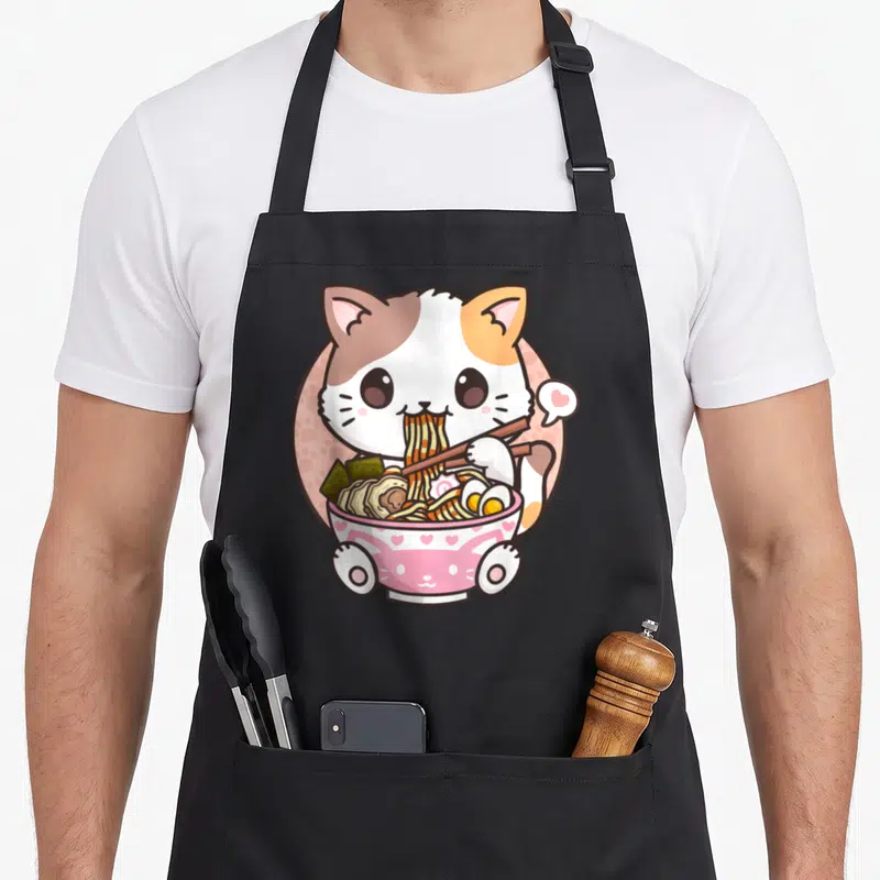 Kawaii anime ramen cat apron - Cartoon cat eating ramen noodles in pink bowl with heart bubble — shown on a black cotton canvas apron against a white background
